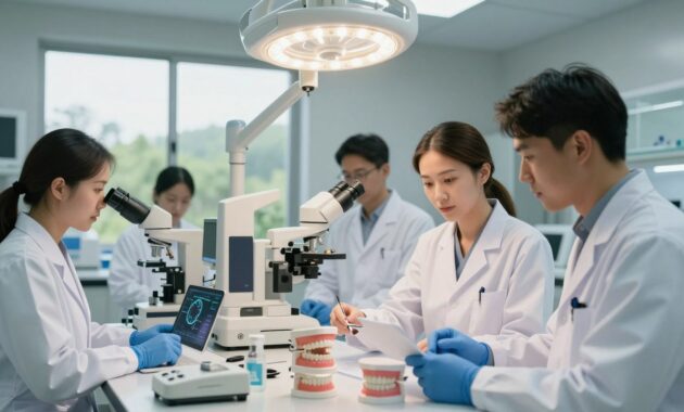 A modern dental laboratory featuring researchers in professional attire working collaboratively around a high-tech workstation. In the foreground, a diverse dental research team, including a Caucasian female scientist and an Asian male researcher, discussing findings while analyzing dental models and digital charts. The middle ground showcases advanced dental equipment, microscope, and experimental setup, illuminated by bright, focused overhead LED lights, conveying a sense of innovation and discovery. In the background, a large window reveals a view of a serene, green landscape, symbolizing the connection between research and patient care. The overall atmosphere is one of teamwork, hope, and dedication to improving dental health, with soft, warm tones enhancing the sense of optimism and professionalism. A modern dental laboratory featuring researchers in professional attire working collaboratively around a high-tech workstation. In the foreground, a diverse dental research team, including a Caucasian female scientist and an Asian male researcher, discussing findings while analyzing dental models and digital charts. The middle ground showcases advanced dental equipment, microscope, and experimental setup, illuminated by bright, focused overhead LED lights, conveying a sense of innovation and discovery. In the background, a large window reveals a view of a serene, green landscape, symbolizing the connection between research and patient care. The overall atmosphere is one of teamwork, hope, and dedication to improving dental health, with soft, warm tones enhancing the sense of optimism and professionalism.