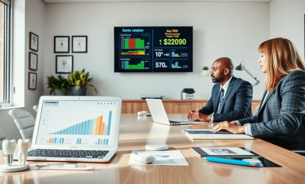 A modern dental office interior depicting a diverse group of four dental professionals discussing practice valuation around a large conference table. The foreground features a sleek laptop open to financial graphs and charts alongside dental tools, including a model tooth and x-rays. In the middle, the professionals—two men and two women—are dressed in professional business attire, seriously engaged in conversation, with a backdrop of dental diplomas and a wall-mounted screen displaying key ROI metrics. The atmosphere is bright and focused, illuminated by natural light streaming in from large windows, creating a productive and professional environment. The camera angle is slightly elevated, capturing both the table and the wall display, emphasizing collaboration and insight into practice valuation. A modern dental office interior depicting a diverse group of four dental professionals discussing practice valuation around a large conference table. The foreground features a sleek laptop open to financial graphs and charts alongside dental tools, including a model tooth and x-rays. In the middle, the professionals—two men and two women—are dressed in professional business attire, seriously engaged in conversation, with a backdrop of dental diplomas and a wall-mounted screen displaying key ROI metrics. The atmosphere is bright and focused, illuminated by natural light streaming in from large windows, creating a productive and professional environment. The camera angle is slightly elevated, capturing both the table and the wall display, emphasizing collaboration and insight into practice valuation.