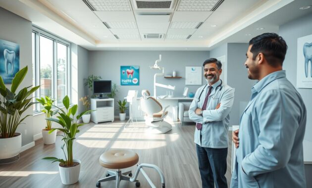 A modern dental practice interior, featuring a bright and welcoming reception area with comfortable seating and potted plants. In the foreground, a friendly dentist in professional attire is consulting with a patient, emphasizing a caring environment. The middle ground showcases a state-of-the-art dental chair and medical equipment, neatly organized and well-lit by soft, natural lighting streaming through large windows. In the background, walls adorned with educational dental health posters and calming artwork create an inviting atmosphere. The overall mood is professional yet comforting, capturing the essence of a profitable and patient-focused dental practice. Use a slight wide-angle lens perspective to emphasize the space. A modern dental practice interior, featuring a bright and welcoming reception area with comfortable seating and potted plants. In the foreground, a friendly dentist in professional attire is consulting with a patient, emphasizing a caring environment. The middle ground showcases a state-of-the-art dental chair and medical equipment, neatly organized and well-lit by soft, natural lighting streaming through large windows. In the background, walls adorned with educational dental health posters and calming artwork create an inviting atmosphere. The overall mood is professional yet comforting, capturing the essence of a profitable and patient-focused dental practice. Use a slight wide-angle lens perspective to emphasize the space.