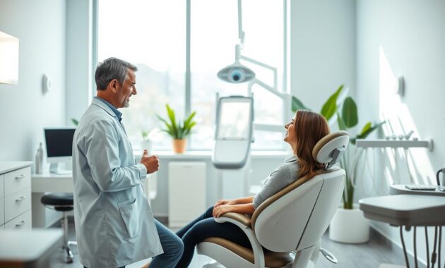 A modern dental practice interior, showcasing a bright and welcoming environment. In the foreground, a dentist in professional attire is discussing with a patient seated in a comfortable dental chair, revealing an atmosphere of trust and professionalism. In the middle ground, dental equipment like a state-of-the-art dental chair and treatment tools are neatly arranged, emphasizing cleanliness and organization. The background features a large window that allows natural light to flood the room, illuminating the soothing colors of the walls and the plants placed strategically for a calming effect. The ambiance conveys a sense of reassurance and competence, highlighting the importance of practice ownership in a comforting way. The shot is taken from a slightly elevated angle to capture the entire scene elegantly. A modern dental practice interior, showcasing a bright and welcoming environment. In the foreground, a dentist in professional attire is discussing with a patient seated in a comfortable dental chair, revealing an atmosphere of trust and professionalism. In the middle ground, dental equipment like a state-of-the-art dental chair and treatment tools are neatly arranged, emphasizing cleanliness and organization. The background features a large window that allows natural light to flood the room, illuminating the soothing colors of the walls and the plants placed strategically for a calming effect. The ambiance conveys a sense of reassurance and competence, highlighting the importance of practice ownership in a comforting way. The shot is taken from a slightly elevated angle to capture the entire scene elegantly.