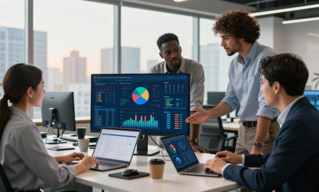 A modern office workspace representing a data-driven career. In the foreground, a diverse group of three professionals (a woman of Asian descent, a Black man, and a Caucasian woman) are engaged in a collaborative discussion over a large data visualization screen displaying colorful charts and graphs. They are dressed in smart business attire. In the middle ground, a sleek desk cluttered with digital devices like laptops and tablets, showcasing analytics applications. The background features large windows with a city skyline, letting in soft natural light that creates a bright and inspiring atmosphere. The overall mood is dynamic, focused, and collaborative, with warm lighting and a professional, modern aesthetic. A modern office workspace representing a data-driven career. In the foreground, a diverse group of three professionals (a woman of Asian descent, a Black man, and a Caucasian woman) are engaged in a collaborative discussion over a large data visualization screen displaying colorful charts and graphs. They are dressed in smart business attire. In the middle ground, a sleek desk cluttered with digital devices like laptops and tablets, showcasing analytics applications. The background features large windows with a city skyline, letting in soft natural light that creates a bright and inspiring atmosphere. The overall mood is dynamic, focused, and collaborative, with warm lighting and a professional, modern aesthetic.