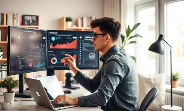 A modern remote work environment featuring a focused web developer analyzing data-driven insights on dual monitors. In the foreground, a young professional in smart casual attire interacts with graphs and performance metrics displayed on the screens, looking thoughtful and engaged. The middle layer includes a neatly organized workspace with a laptop, coffee cup, and a small plant, adding a touch of life. The background displays a serene home office setting with shelves filled with books and a window letting in soft, natural light, creating an inviting and productive atmosphere. Use a warm color palette to evoke a sense of comfort and motivation, with soft shadows to add depth. The composition should be a slightly elevated angle, providing a clear view of the workspace and the individual.
