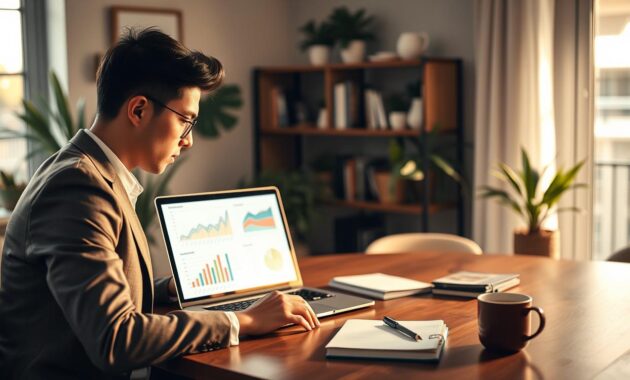 A modern remote workspace showcasing a data analyst diligently working on salary insights. In the foreground, a young professional in a fitted, smart-casual outfit, focused on a laptop, with a thoughtful expression. On the desk, financial graphs and charts are open on the screen, illuminated by soft, natural light filtering through a nearby window. In the middle, a stylish desk cluttered with a notebook, pen, and a coffee cup creates an inspiring atmosphere. The background features a tastefully decorated room with houseplants and a bookshelf filled with data analysis and finance books. The overall mood is productive and insightful, conveying professionalism and creativity. The lighting is warm and inviting, enhancing the ambiance of a dedicated workspace. A modern remote workspace showcasing a data analyst diligently working on salary insights. In the foreground, a young professional in a fitted, smart-casual outfit, focused on a laptop, with a thoughtful expression. On the desk, financial graphs and charts are open on the screen, illuminated by soft, natural light filtering through a nearby window. In the middle, a stylish desk cluttered with a notebook, pen, and a coffee cup creates an inspiring atmosphere. The background features a tastefully decorated room with houseplants and a bookshelf filled with data analysis and finance books. The overall mood is productive and insightful, conveying professionalism and creativity. The lighting is warm and inviting, enhancing the ambiance of a dedicated workspace.