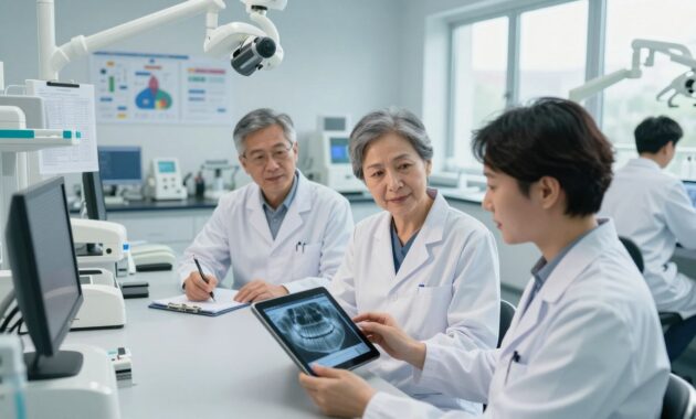 A modern research laboratory filled with dental professionals in professional attire collaborating on a project. In the foreground, a researcher is analyzing dental x-rays on a digital tablet while another writes notes on a clipboard. In the middle, a calm and focused atmosphere prevails with high-tech dental equipment and charts displaying research results visible on the walls. The background features large windows allowing natural light to stream in, creating an uplifting mood. Soft shadows enhance the details, while the overall color scheme is a mix of bright whites and calming blues. Capture this moment with a slight overhead camera angle to emphasize teamwork and innovation in dental research, suggesting a strong institutional support for academic pursuits. A modern research laboratory filled with dental professionals in professional attire collaborating on a project. In the foreground, a researcher is analyzing dental x-rays on a digital tablet while another writes notes on a clipboard. In the middle, a calm and focused atmosphere prevails with high-tech dental equipment and charts displaying research results visible on the walls. The background features large windows allowing natural light to stream in, creating an uplifting mood. Soft shadows enhance the details, while the overall color scheme is a mix of bright whites and calming blues. Capture this moment with a slight overhead camera angle to emphasize teamwork and innovation in dental research, suggesting a strong institutional support for academic pursuits.