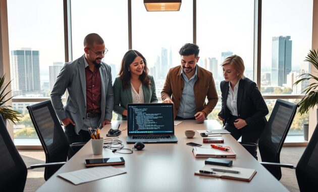 A modern, vibrant office setting that embodies the concept of remote work and innovation. In the foreground, a diverse group of three professionals, dressed in smart casual attire, are collaborating over a digital laptop displaying code, all exuding enthusiasm and teamwork. The middle section features a sleek conference table surrounded by high-tech gadgets and notepads filled with notes, symbolizing creativity in software engineering. In the background, large windows provide a bright and inviting view of a city skyline, bathed in daylight, emphasizing connectivity and opportunity. The atmosphere is energetic and inspiring, with soft, warm lighting adding a welcoming glow to the scene, shot from a slightly elevated angle to capture the dynamic interaction. The composition reflects the excitement of top companies embracing remote engineering talent. A modern, vibrant office setting that embodies the concept of remote work and innovation. In the foreground, a diverse group of three professionals, dressed in smart casual attire, are collaborating over a digital laptop displaying code, all exuding enthusiasm and teamwork. The middle section features a sleek conference table surrounded by high-tech gadgets and notepads filled with notes, symbolizing creativity in software engineering. In the background, large windows provide a bright and inviting view of a city skyline, bathed in daylight, emphasizing connectivity and opportunity. The atmosphere is energetic and inspiring, with soft, warm lighting adding a welcoming glow to the scene, shot from a slightly elevated angle to capture the dynamic interaction. The composition reflects the excitement of top companies embracing remote engineering talent.