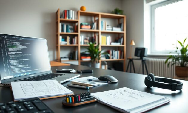 A modern workspace featuring a sleek desk with a laptop displaying code, a notepad filled with sketches, and a smartphone beside it. In the foreground, various essential web development tools like a keyboard, mouse, and headphones are neatly organized. The middle section showcases an open bookshelf brimming with programming books and tech magazines, while a potted plant adds a touch of greenery. In the background, a large window bathes the room in natural light, creating a bright and inviting atmosphere. Use a lens that highlights the sharp details of the tools, with soft focus on the background for depth. The mood is professional yet relaxed, ideal for a remote web developer's creative environment.