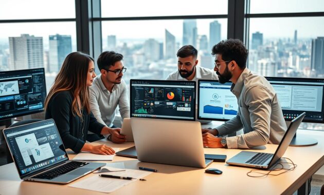 A modern workspace scene focused on navigating software applications and web solutions. In the foreground, a diverse group of three professionals, including one woman and two men, dressed in smart casual attire, intensely engaged with multiple screens displaying intricate web designs and application interfaces. The middle layer features a sleek, contemporary desk with laptops, notes, and digital tools organized neatly. In the background, a vibrant city skyline is visible through large windows, creating a sense of remote connectivity. Soft, natural light floods the room, highlighting a productive atmosphere. Use a wide-angle lens to capture the depth of the workspace, emphasizing collaboration and focus. The mood should be dynamic and inspiring, illustrating the excitement of technology in the modern workplace.