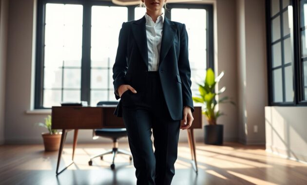 A polished professional blazer outfit displayed on a confident female model, set in an elegant office environment. The model wears a tailored, dark navy oversized blazer over a crisp white button-up shirt, paired with high-waisted black tailored trousers. Her shoes are sophisticated pointed-toe heels. The foreground focuses on the model from the waist up, showcasing her poised posture and the outfit's clean lines. Soft, diffused natural lighting streams through large windows in the background, creating a warm and inviting atmosphere. The decor is minimalistic, with a stylish desk and a few green plants to add a touch of color. The angle is slightly low, emphasizing the professionalism and elegance of the outfit, capturing the essence of modern business attire.