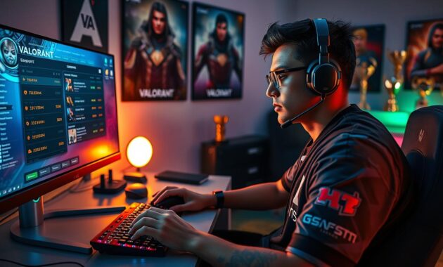 A professional esports player seated at a sleek gaming desk, engrossed in strategizing their loadout choices in a high-energy Valorant match. In the foreground, a vibrant computer monitor displays a detailed in-game economy interface, showcasing weapon and ability costs. The player's focused expression reflects determination, dressed in a stylish esports jersey. In the middle ground, gaming peripherals like a mechanical keyboard and a high-precision mouse are visible, casting colorful RGB lighting that creates an immersive atmosphere. The background features wall posters of Valorant characters and trophies from gaming tournaments, adding depth. Soft, dramatic lighting emphasizes the scene, embodying a competitive yet motivational mood, captured from a slightly low angle to enhance the intensity and urgency of the moment. A professional esports player seated at a sleek gaming desk, engrossed in strategizing their loadout choices in a high-energy Valorant match. In the foreground, a vibrant computer monitor displays a detailed in-game economy interface, showcasing weapon and ability costs. The player's focused expression reflects determination, dressed in a stylish esports jersey. In the middle ground, gaming peripherals like a mechanical keyboard and a high-precision mouse are visible, casting colorful RGB lighting that creates an immersive atmosphere. The background features wall posters of Valorant characters and trophies from gaming tournaments, adding depth. Soft, dramatic lighting emphasizes the scene, embodying a competitive yet motivational mood, captured from a slightly low angle to enhance the intensity and urgency of the moment.