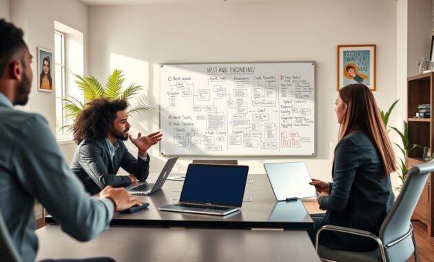 A professional home office environment capturing the essence of career growth and advancement in remote software engineering. In the foreground, a diverse group of three people dressed in smart casual attire is engaged in a video conference, discussing ideas enthusiastically around a sleek desk with laptops and tablets. In the middle ground, a large whiteboard filled with flowcharts and project goals hints at teamwork and innovation. The background features a bright, airy room with plants and motivational art on the walls, emphasizing a positive and inspiring atmosphere. The lighting is soft and warm, creating a welcoming feel, shot with a slightly elevated angle to capture the collaborative spirit. The overall mood is one of ambition, determination, and success in a modern remote work setting. A professional home office environment capturing the essence of career growth and advancement in remote software engineering. In the foreground, a diverse group of three people dressed in smart casual attire is engaged in a video conference, discussing ideas enthusiastically around a sleek desk with laptops and tablets. In the middle ground, a large whiteboard filled with flowcharts and project goals hints at teamwork and innovation. The background features a bright, airy room with plants and motivational art on the walls, emphasizing a positive and inspiring atmosphere. The lighting is soft and warm, creating a welcoming feel, shot with a slightly elevated angle to capture the collaborative spirit. The overall mood is one of ambition, determination, and success in a modern remote work setting.