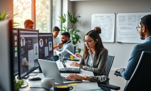 A professional setting showcasing a diverse group of individuals efficiently navigating job listings on multiple screens in a bright, modern workspace. In the foreground, a focus on a woman in smart casual attire, intently reviewing job applications on a laptop, surrounded by sticky notes and an ergonomic chair. In the middle ground, men and women of various ethnicities are engaged with additional monitors displaying job portals, resume documents, and collaboration tools. The background features large windows with natural light streaming in, greenery, and a whiteboard filled with brainstorming ideas. The atmosphere is one of productivity and collaboration, emphasizing a sense of determination and focus. Use soft lighting with a slight bokeh effect to create depth, capturing a dynamic and inspiring environment.