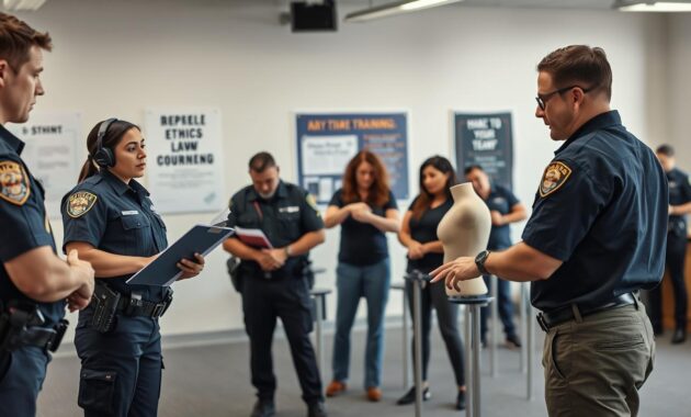 A realistic training scene depicting law enforcement professionals engaged in practical training exercises indoors. In the foreground, two officers, a man and a woman, are attentively discussing tactics, both wearing professional duty uniforms while holding clipboards. The middle ground features a diverse group of trainees practicing handcuffing techniques on mannequins, showcasing a collaborative learning environment. In the background, a classroom setting with motivational posters about law enforcement ethics and teamwork can be seen, illuminated by soft, natural lighting streaming through large windows. The atmosphere conveys focus and determination, emphasizing the importance of real-world experience in law enforcement training, shot from a slightly elevated angle to capture the engagement of the participants. A realistic training scene depicting law enforcement professionals engaged in practical training exercises indoors. In the foreground, two officers, a man and a woman, are attentively discussing tactics, both wearing professional duty uniforms while holding clipboards. The middle ground features a diverse group of trainees practicing handcuffing techniques on mannequins, showcasing a collaborative learning environment. In the background, a classroom setting with motivational posters about law enforcement ethics and teamwork can be seen, illuminated by soft, natural lighting streaming through large windows. The atmosphere conveys focus and determination, emphasizing the importance of real-world experience in law enforcement training, shot from a slightly elevated angle to capture the engagement of the participants.