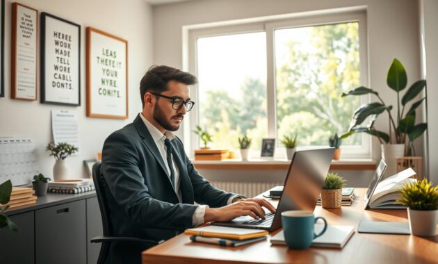 A serene home office environment illustrating tips for thriving in a fully remote work setting. In the foreground, a focused individual in smart casual attire is working on a laptop, surrounded by notepads and a mug of coffee, exuding concentration and productivity. The middle section showcases a well-organized desk with motivational quotes framed on the wall, healthy plants, and a calendar with deadlines. The background reveals a large window with natural light flooding in, paired with an outdoor view of green trees, suggesting a peaceful atmosphere. Use soft, warm lighting to enhance the inviting mood, with a slight depth of field to keep the focus on the worker, creating an inspiring and professional remote workspace.