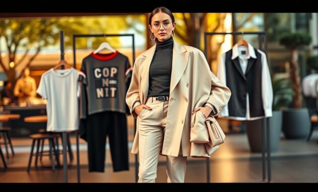 A stylish and contemporary setting showcasing key outfit ideas under an oversized blazer. In the foreground, a fashionable model wearing a light-colored oversized blazer over a fitted turtleneck sweater, paired with high-waisted trousers and ankle boots. Their accessories include minimalistic gold jewelry and a sleek handbag. The middle ground features a display of layered options, such as a casual graphic tee, a chic blouse, and a crisp white shirt peeking from under the blazer's lapel. The background is softly blurred with hints of urban elements like a caf&eacute; and trees, illuminated by warm, natural lighting, creating an inviting atmosphere. The angle captures the model in a confident pose, embodying a modern, professional vibe perfect for fashion inspiration.