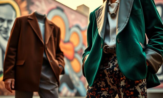 A stylish individual confidently wears an oversized blazer combining rich textures and vibrant colors, such as a bold velvet emerald green paired with sleek leather accents and a soft cotton shirt underneath. They pair the blazer with tailored trousers that contrast with dynamic patterns, focusing on modern fashion aesthetics. The foreground highlights the ensemble, showcasing the mix of fabrics and hues. In the middle, a slightly blurred urban background features abstract mural art, enhancing the energy of the scene. The lighting is warm and inviting, creating gentle highlights on the blazer's textures while casting soft shadows. The angle is slightly low, emphasizing the stature and boldness of the outfit, evoking a mood of creativity and self-expression in contemporary styling.