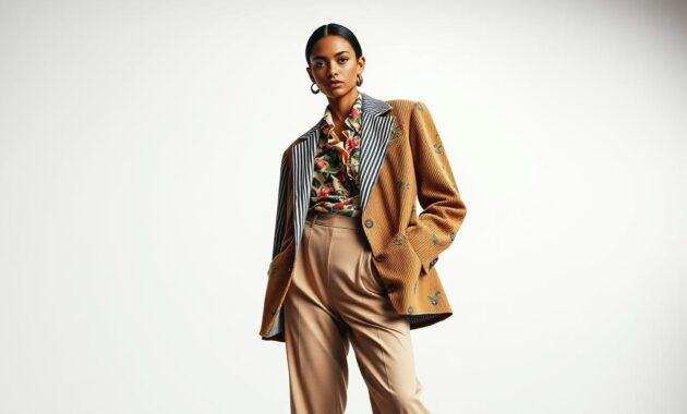 A stylish model stands confidently in a chic, oversized blazer that combines various prints, like stripes and florals, with textured fabrics such as corduroy and silk. Layered beneath the blazer are bold, contrasting patterns that showcase an innovative mix of silhouettes, perhaps a ruffled blouse and high-waisted trousers. Set against a modern, minimalist studio backdrop with soft diffused lighting, the scene captures both elegance and creativity. The angle highlights the blazer's relaxed fit while emphasizing the dynamic interplay of textures and patterns. The mood is fashion-forward and sophisticated, perfect to illustrate the essence of mixing prints and textures in contemporary fashion for 2026.