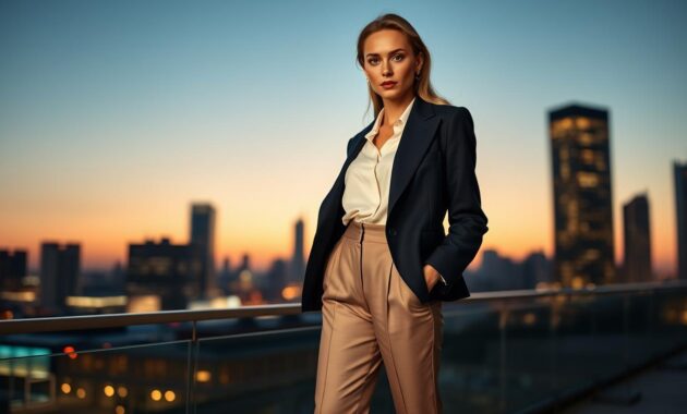 A stylish model wearing a tailored, oversized blazer transitions from a day to night look. The blazer is deep navy blue, complemented by a crisp white blouse underneath. In the foreground, the model's confident stance showcases sophisticated high-waisted tailored trousers. The outfit is accessorized with elegant pointed-toe heels and subtle jewelry. In the middle, soft evening light casts a warm glow, enhancing the fabric's texture and creating a sophisticated ambiance. The background features a sleek cityscape transitioning from the brightness of day to the twinkling lights of night, highlighting the versatility of the outfit. Capture this scene from a slightly low angle, emphasizing the outfit's elegance and the enchanting twilight atmosphere. The mood is polished and refined, ideal for an after-work event.