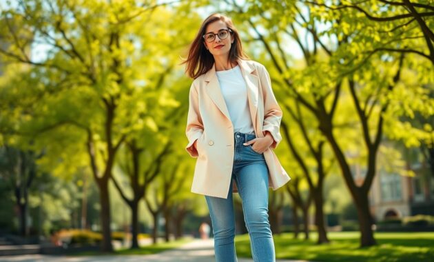 A stylish woman in a chic daytime casual blazer outfit, standing confidently in a sunlit urban park. She wears an oversized, light beige blazer over a crisp white t-shirt, paired with high-waisted denim jeans. Her shoes are sleek white sneakers, adding a modern touch. The foreground features the woman, captured from a slight low angle to emphasize her stature and style. In the middle ground, vibrant green trees sway gently, with dappled sunlight filtering through the leaves. The background showcases a blurred cityscape, hinting at a lively atmosphere. The overall mood is fresh and fashionable, infused with a sense of relaxed confidence typical of daytime outings. The lighting is bright and natural, reminiscent of a pleasant spring day.