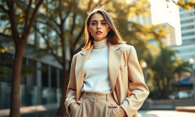 A stylish young woman confidently poses in an oversized blazer set against a modern urban backdrop. The blazer features tailored shoulders, an exaggerated fit, and a neutral color such as light beige. She is styled with a simple white turtleneck underneath, paired with tailored high-waisted trousers that complement the blazer's proportions. The lighting is soft and natural, with warm sunlight filtering through trees, casting gentle shadows. The angle is slightly low to emphasize the sophistication of the outfit, focusing on the blazer's silhouette. In the background, hints of a chic cityscape enhance the fashion-forward atmosphere, creating an inspiring feel for a stylish outfit idea. The overall mood is trendy yet approachable, inviting viewers to embrace the oversized blazer trend.