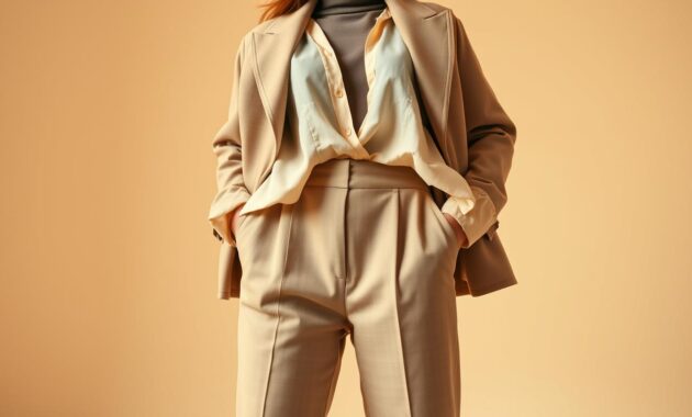 A stylish young woman showcasing layering techniques beneath an oversized blazer, standing confidently against a minimalist, soft-colored backdrop. In the foreground, her outfit features a fitted turtleneck and a flowing, lightweight blouse that peeks out from under the blazer&rsquo;s sleeves. The middle layer consists of tailored trousers that coordinate with the blazer's neutral tone, accentuating her fashionable silhouette. Soft, diffused lighting highlights the textures of the fabrics, creating a warm, inviting atmosphere. Capture the scene from a slight low angle to emphasize her posture and confidence, while ensuring the focus is on her ensemble rather than her face. The overall mood is chic and modern, ideal for versatile styling in 2026.