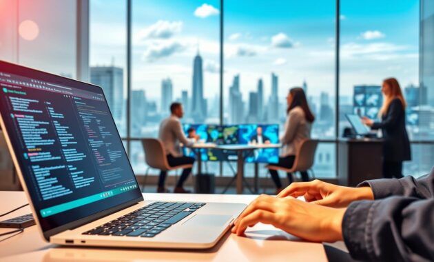 A vibrant digital workspace showcasing a gateway to remote IT careers. In the foreground, depict a sleek laptop on a modern desk, bright screens displaying coding and network diagrams, with a pair of hands typing. In the middle ground, illustrate a diverse group of professionals in business attire, engaged in a virtual meeting through various devices, representing global connectivity. The background features a skyline of digital platforms and cloud infrastructures, emphasizing technology's reach. Use natural lighting to create a warm, inviting atmosphere, with soft bokeh effects around the edges. Capture the sense of innovation and collaboration as professionals embark on their remote IT career journeys.
