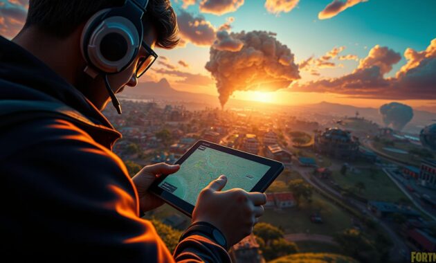 A vibrant gaming environment depicting a player strategizing in a competitive Fortnite Battle Royale scenario. In the foreground, a focus on a character in professional gaming attire, intensely studying a digital map on a tablet. The middle layer showcases a richly detailed landscape featuring colorful buildings, cover structures, and a dynamic storm encroaching in the distance. The background includes a sunset sky casting dramatic golden light over the scene, enhancing the tension of the setting. Capture an intense atmosphere, emphasizing focus and determination, with sharp details and high contrast to draw the viewer into the action. Use a wide-angle lens effect to create depth, allowing the player’s concentration on tactics to take center stage amidst the lively battleground. A vibrant gaming environment depicting a player strategizing in a competitive Fortnite Battle Royale scenario. In the foreground, a focus on a character in professional gaming attire, intensely studying a digital map on a tablet. The middle layer showcases a richly detailed landscape featuring colorful buildings, cover structures, and a dynamic storm encroaching in the distance. The background includes a sunset sky casting dramatic golden light over the scene, enhancing the tension of the setting. Capture an intense atmosphere, emphasizing focus and determination, with sharp details and high contrast to draw the viewer into the action. Use a wide-angle lens effect to create depth, allowing the player’s concentration on tactics to take center stage amidst the lively battleground.