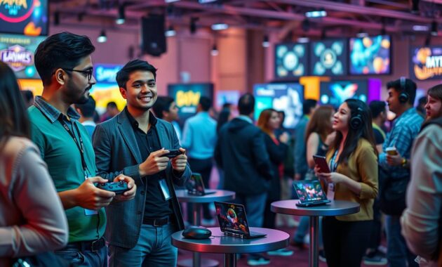 A vibrant networking event in a gaming community, showcasing a diverse group of individuals engaged in lively discussions about gaming careers. In the foreground, a diverse trio of young adults in smart casual attire are exchanging ideas, with one holding a gaming controller and another displaying a laptop screen showing game design software. The middle ground features small, round tables with gaming paraphernalia, while other attendees engage in conversations and share business cards. The background is filled with colorful game posters and LED lights, creating an energetic atmosphere. Soft, ambient lighting enhances the sense of community and collaboration, with a slightly blurred focus to evoke excitement and connection, reminiscent of a dynamic gaming convention setting. A vibrant networking event in a gaming community, showcasing a diverse group of individuals engaged in lively discussions about gaming careers. In the foreground, a diverse trio of young adults in smart casual attire are exchanging ideas, with one holding a gaming controller and another displaying a laptop screen showing game design software. The middle ground features small, round tables with gaming paraphernalia, while other attendees engage in conversations and share business cards. The background is filled with colorful game posters and LED lights, creating an energetic atmosphere. Soft, ambient lighting enhances the sense of community and collaboration, with a slightly blurred focus to evoke excitement and connection, reminiscent of a dynamic gaming convention setting.