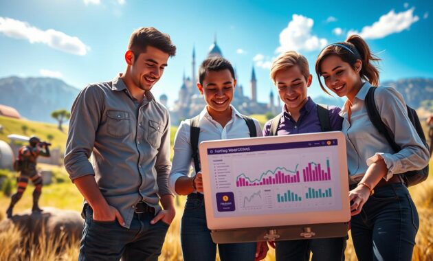 A vibrant scene depicting various Fortnite money-making strategies. Foreground: a diverse group of three gamers, one male and two females, dressed in casual, professional attire such as button-up shirts and smart jeans, huddled around a laptop showing graphs and success indicators. Middle: a colorful digital landscape featuring iconic Fortnite structures and emotes, symbolizing in-game achievements and trading concepts. Background: a lively Fortnite battlefield with characters engaging in exciting activities, like trading materials or showcasing rare skins. The lighting is bright and dynamic, suggesting energy and motivation, captured from a low-angle perspective to emphasize the gamers’ focus and enthusiasm in their money-making pursuits. The atmosphere should feel optimistic and strategic, underscoring the theme of financial success in a gaming context. A vibrant scene depicting various Fortnite money-making strategies. Foreground: a diverse group of three gamers, one male and two females, dressed in casual, professional attire such as button-up shirts and smart jeans, huddled around a laptop showing graphs and success indicators. Middle: a colorful digital landscape featuring iconic Fortnite structures and emotes, symbolizing in-game achievements and trading concepts. Background: a lively Fortnite battlefield with characters engaging in exciting activities, like trading materials or showcasing rare skins. The lighting is bright and dynamic, suggesting energy and motivation, captured from a low-angle perspective to emphasize the gamers’ focus and enthusiasm in their money-making pursuits. The atmosphere should feel optimistic and strategic, underscoring the theme of financial success in a gaming context.