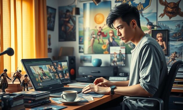 A vibrant workspace filled with Genshin Impact merchandise, including action figures, posters, and character art scattered across the desk. In the foreground, a young adult in modest casual clothing, deeply focused on a laptop screen displaying the latest game updates and trends. The middle ground features books and guides about the game, alongside a coffee cup and gaming headset. The background shows a colorful wall adorned with Genshin Impact artwork depicting various characters and landscapes. Soft, natural lighting streams in from a nearby window, casting a warm glow over the scene. The mood conveys excitement and creativity, capturing the essence of staying updated with the game’s ever-evolving universe. A vibrant workspace filled with Genshin Impact merchandise, including action figures, posters, and character art scattered across the desk. In the foreground, a young adult in modest casual clothing, deeply focused on a laptop screen displaying the latest game updates and trends. The middle ground features books and guides about the game, alongside a coffee cup and gaming headset. The background shows a colorful wall adorned with Genshin Impact artwork depicting various characters and landscapes. Soft, natural lighting streams in from a nearby window, casting a warm glow over the scene. The mood conveys excitement and creativity, capturing the essence of staying updated with the game’s ever-evolving universe.