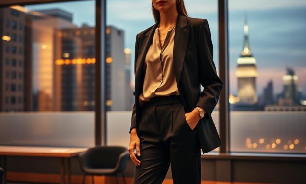An elegant evening office ensemble featuring a model wearing an oversized blazer in a chic, tailored silhouette, paired with high-waisted trousers and a simple silk blouse underneath. The blazer should be a muted, sophisticated color like deep navy or charcoal gray. Accessories include minimalist gold jewelry and sleek black heels. The scene is set in a modern office space with warm, ambient lighting creating a welcoming atmosphere. The background showcases large windows with a city skyline view at dusk, casting a gentle glow. The angle captures the model from the waist up, exuding confidence and professionalism, with a soft focus on the background to emphasize the outfit. The overall mood is stylish and empowering, perfect for evening office wear.