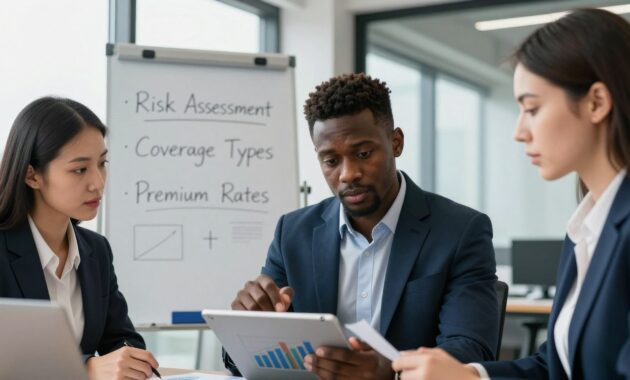 A balanced composition illustrating business insurance cost factors, featuring a professional office setting. In the foreground, a diverse group of three business professionals in business attire—an Asian woman, a Black man, and a Caucasian woman—analyzing charts and graphs on a tablet, with expressions of focus and determination. The middle layer showcases detailed visual elements such as a whiteboard with key phrases like "Risk Assessment," "Coverage Types," and "Premium Rates" written in clear handwriting. In the background, large windows filter in soft, natural light, illuminating the modern office decor. The mood is serious and analytical, emphasizing the importance of understanding the factors influencing business insurance costs while conveying a sense of collaboration and strategy. A balanced composition illustrating business insurance cost factors, featuring a professional office setting. In the foreground, a diverse group of three business professionals in business attire—an Asian woman, a Black man, and a Caucasian woman—analyzing charts and graphs on a tablet, with expressions of focus and determination. The middle layer showcases detailed visual elements such as a whiteboard with key phrases like "Risk Assessment," "Coverage Types," and "Premium Rates" written in clear handwriting. In the background, large windows filter in soft, natural light, illuminating the modern office decor. The mood is serious and analytical, emphasizing the importance of understanding the factors influencing business insurance costs while conveying a sense of collaboration and strategy.