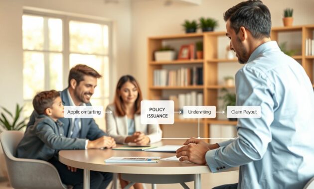 A clear and informative visual representation of the life insurance process. In the foreground, a professional-looking family sits together at a table, discussing financial options with an insurance agent, all wearing business casual attire. In the middle ground, illustrate a flowchart-style graphic showing the life insurance process: starting with "Application," connecting to "Underwriting," leading to "Policy Issuance," and finally "Claim Payout." The background features a softly-lit office environment, with plants and shelves of books, adding warmth. Use natural lighting to create an inviting atmosphere, captured from a slightly elevated angle to encompass all layers. The overall mood is one of trust and clarity, emphasizing the importance of securing financial stability through life insurance. A clear and informative visual representation of the life insurance process. In the foreground, a professional-looking family sits together at a table, discussing financial options with an insurance agent, all wearing business casual attire. In the middle ground, illustrate a flowchart-style graphic showing the life insurance process: starting with "Application," connecting to "Underwriting," leading to "Policy Issuance," and finally "Claim Payout." The background features a softly-lit office environment, with plants and shelves of books, adding warmth. Use natural lighting to create an inviting atmosphere, captured from a slightly elevated angle to encompass all layers. The overall mood is one of trust and clarity, emphasizing the importance of securing financial stability through life insurance.