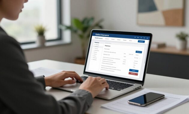 A modern digital workspace scene featuring a professional individual in business attire, focused on a laptop screen displaying an online insurance account management interface. In the foreground, the individual is seated at a sleek desk, surrounded by organized paperwork and a smartphone. The middle layer showcases the laptop with a bright, user-friendly dashboard highlighting payment options and policy details. The background shows soft, ambient lighting from a contemporary window, with a few plants and an abstract painting for added warmth. The atmosphere is calm and efficient, suggesting productivity and ease of use in managing insurance matters online. The scene should have a well-composed shot, slightly angled to emphasize interaction with the digital device. A modern digital workspace scene featuring a professional individual in business attire, focused on a laptop screen displaying an online insurance account management interface. In the foreground, the individual is seated at a sleek desk, surrounded by organized paperwork and a smartphone. The middle layer showcases the laptop with a bright, user-friendly dashboard highlighting payment options and policy details. The background shows soft, ambient lighting from a contemporary window, with a few plants and an abstract painting for added warmth. The atmosphere is calm and efficient, suggesting productivity and ease of use in managing insurance matters online. The scene should have a well-composed shot, slightly angled to emphasize interaction with the digital device.
