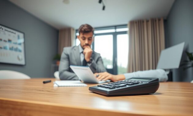 A modern office setting with a sleek desk in the foreground, featuring a life insurance calculator and a notepad with calculations. In the middle ground, a thoughtful professional individual, dressed in business attire, is analyzing the calculator’s display, with a focused expression. The background reveals a bright window allowing natural light to filter in, casting soft shadows and enhancing the feeling of a productive environment. The overall mood is one of determination and clarity, highlighting the importance of careful planning for family financial security. The image composition should employ a warm color palette to evoke trust and stability, with an emphasis on clean lines and organization. A modern office setting with a sleek desk in the foreground, featuring a life insurance calculator and a notepad with calculations. In the middle ground, a thoughtful professional individual, dressed in business attire, is analyzing the calculator’s display, with a focused expression. The background reveals a bright window allowing natural light to filter in, casting soft shadows and enhancing the feeling of a productive environment. The overall mood is one of determination and clarity, highlighting the importance of careful planning for family financial security. The image composition should employ a warm color palette to evoke trust and stability, with an emphasis on clean lines and organization.