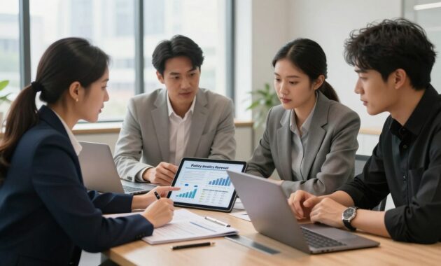 A professional business setting focused on policy renewal management. In the foreground, a diverse group of three professionals in business attire—one woman in a navy suit, one man in a light grey blazer, and another man in a black shirt—are gathered around a sleek conference table. They are engaged in discussion, examining a tablet showing infographics related to insurance policies. The middle layer features paperwork and a laptop open, showcasing graphs and renewal timelines. In the background, large windows allow natural light to flood the room, highlighting the modern office decor and cityscape outside. The mood is collaborative and focused, with a sense of optimism toward efficient policy management and company protection. Aim for a warm, inviting atmosphere with soft lighting. A professional business setting focused on policy renewal management. In the foreground, a diverse group of three professionals in business attire—one woman in a navy suit, one man in a light grey blazer, and another man in a black shirt—are gathered around a sleek conference table. They are engaged in discussion, examining a tablet showing infographics related to insurance policies. The middle layer features paperwork and a laptop open, showcasing graphs and renewal timelines. In the background, large windows allow natural light to flood the room, highlighting the modern office decor and cityscape outside. The mood is collaborative and focused, with a sense of optimism toward efficient policy management and company protection. Aim for a warm, inviting atmosphere with soft lighting.
