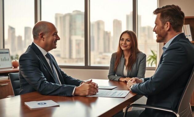A professional financial advisor in a modern office setting, sitting at a sleek wooden desk, is engaged in a consultation with a young couple. The advisor, a middle-aged person in formal business attire, exudes confidence and knowledge. The couple is attentively listening, expressing a sense of hope and concern about their financial future. In the background, a large window reveals a sunny day outside, with city skyscrapers. The office is adorned with life insurance charts and brochures, subtly visible on a nearby shelf. Soft, warm lighting fills the space, creating an inviting atmosphere. The lens captures a medium close-up of the advisor and the couple, emphasizing their interaction while maintaining a professional ambiance. A professional financial advisor in a modern office setting, sitting at a sleek wooden desk, is engaged in a consultation with a young couple. The advisor, a middle-aged person in formal business attire, exudes confidence and knowledge. The couple is attentively listening, expressing a sense of hope and concern about their financial future. In the background, a large window reveals a sunny day outside, with city skyscrapers. The office is adorned with life insurance charts and brochures, subtly visible on a nearby shelf. Soft, warm lighting fills the space, creating an inviting atmosphere. The lens captures a medium close-up of the advisor and the couple, emphasizing their interaction while maintaining a professional ambiance.