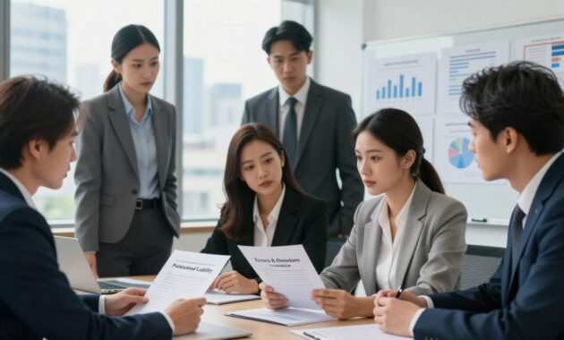A professional office setting depicting a diverse group of business professionals engaged in a discussion about liability insurance. In the foreground, a multi-ethnic group of two women and two men dressed in smart business attire are gathered around a table, examining documents labeled “Professional Liability” and “Errors & Omissions Insurance.” The middle background features a large window allowing soft natural light to fill the room, highlighting a modern city skyline. Behind them, a whiteboard filled with charts and diagrams related to business insurance concepts creates a professional atmosphere. The mood is serious yet collaborative, emphasizing teamwork and the importance of safeguarding business interests. The image should be bright with a focus on clarity, using a slight lens blur for depth. A professional office setting depicting a diverse group of business professionals engaged in a discussion about liability insurance. In the foreground, a multi-ethnic group of two women and two men dressed in smart business attire are gathered around a table, examining documents labeled “Professional Liability” and “Errors & Omissions Insurance.” The middle background features a large window allowing soft natural light to fill the room, highlighting a modern city skyline. Behind them, a whiteboard filled with charts and diagrams related to business insurance concepts creates a professional atmosphere. The mood is serious yet collaborative, emphasizing teamwork and the importance of safeguarding business interests. The image should be bright with a focus on clarity, using a slight lens blur for depth.