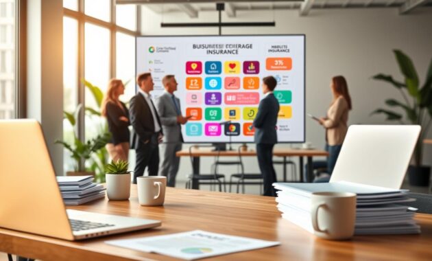 A modern, professional workspace designed for remote work, showcasing various business insurance coverage options. In the foreground, a sleek wooden desk with a laptop, stacks of documents, and a coffee cup, all bathed in soft, warm lighting. In the middle ground, a diverse group of professionals, dressed in smart casual attire, engaged in a discussion around a large digital screen displaying colorful infographics and icons representing different insurance coverage aspects, like liability, health, and property insurance. In the background, a modern office setting with large windows letting in natural light and plants for a fresh atmosphere. The scene conveys a sense of collaboration and professionalism, emphasizing the importance of insurance in remote work. Focused shot, slightly angled for depth. A modern, professional workspace designed for remote work, showcasing various business insurance coverage options. In the foreground, a sleek wooden desk with a laptop, stacks of documents, and a coffee cup, all bathed in soft, warm lighting. In the middle ground, a diverse group of professionals, dressed in smart casual attire, engaged in a discussion around a large digital screen displaying colorful infographics and icons representing different insurance coverage aspects, like liability, health, and property insurance. In the background, a modern office setting with large windows letting in natural light and plants for a fresh atmosphere. The scene conveys a sense of collaboration and professionalism, emphasizing the importance of insurance in remote work. Focused shot, slightly angled for depth.
