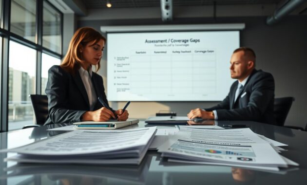 A serene office environment, depicting a professional woman and a man analyzing an array of documents on a sleek conference table. The foreground features a detailed close-up of handwritten notes, charts, and policy documents showing gaps and limitations in coverage. In the middle, the two individuals, dressed in smart business attire, engage in a thoughtful discussion, pointing towards a large glossy chart projected on the wall that highlights the assessment of coverage gaps. The background reveals a modern office space with large windows, softly lit by natural sunlight, giving a sense of calm and focus. The overall mood is serious yet collaborative, emphasizing the importance of understanding business insurance for remote workers. The image has a crisp, professional quality, captured with soft focus techniques to draw attention to the subjects and documents. A serene office environment, depicting a professional woman and a man analyzing an array of documents on a sleek conference table. The foreground features a detailed close-up of handwritten notes, charts, and policy documents showing gaps and limitations in coverage. In the middle, the two individuals, dressed in smart business attire, engage in a thoughtful discussion, pointing towards a large glossy chart projected on the wall that highlights the assessment of coverage gaps. The background reveals a modern office space with large windows, softly lit by natural sunlight, giving a sense of calm and focus. The overall mood is serious yet collaborative, emphasizing the importance of understanding business insurance for remote workers. The image has a crisp, professional quality, captured with soft focus techniques to draw attention to the subjects and documents.