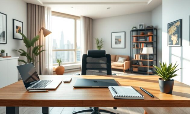 A sleek home office setup showcasing best practices for remote work. In the foreground, a modern wooden desk with a laptop, a comfortable ergonomic chair, and neatly organized office supplies. There’s a potted plant adding a touch of greenery. In the middle, a well-lit space with natural light streaming in through a large window, illuminating an inspiring view of a city skyline. On the desk, a notepad with a pencil, illustrating preparation and productivity. In the background, a bookshelf filled with business books and a cozy reading nook, unique artwork on the walls. The atmosphere is calm and focused, conveying professionalism and efficiency. Use a bright, airy color palette, captured with a wide-angle lens for depth, in soft, even lighting that enhances a productive environment. A sleek home office setup showcasing best practices for remote work. In the foreground, a modern wooden desk with a laptop, a comfortable ergonomic chair, and neatly organized office supplies. There’s a potted plant adding a touch of greenery. In the middle, a well-lit space with natural light streaming in through a large window, illuminating an inspiring view of a city skyline. On the desk, a notepad with a pencil, illustrating preparation and productivity. In the background, a bookshelf filled with business books and a cozy reading nook, unique artwork on the walls. The atmosphere is calm and focused, conveying professionalism and efficiency. Use a bright, airy color palette, captured with a wide-angle lens for depth, in soft, even lighting that enhances a productive environment.