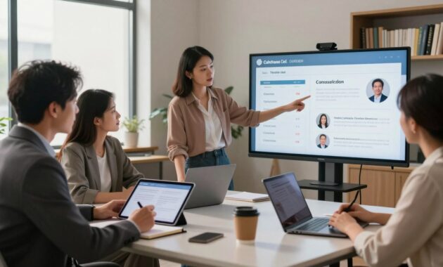 A modern, professional workspace showing a diverse group of individuals evaluating a course on a large screen. In the foreground, a middle-aged man in a tailored suit takes notes on a digital tablet while a young woman in smart casual attire points at the screen, showcasing course ratings and detailed instructor profiles. In the middle ground, a sleek table with laptops, notepads, and coffee cups reflects a collaborative atmosphere. The background features a softly lit office space with large windows and a bookshelf filled with educational materials, creating a warm yet professional ambiance. The image captures a sense of engagement and intellectual curiosity, emphasizing the importance of evaluating course quality and instructor expertise. Soft, natural lighting enhances the inviting mood.