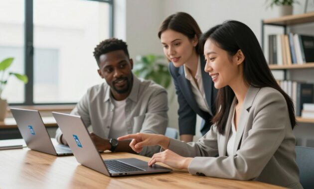 A professional setting showcasing a diverse group of three adults engaged in a collaborative learning environment. In the foreground, a smiling woman of Asian descent in business attire is sitting at a sleek wooden table, her laptop open with the LinkedIn Learning logo visible on the screen. In the middle ground, a Black man in a smart casual outfit is discussing concepts with a Caucasian woman dressed in professional attire, both pointing at the laptop. The background features a bright, modern office space with large windows letting in natural light, plants adorning the corners, and bookshelves filled with business-related materials. The atmosphere is vibrant and inspiring, reflecting the theme of growth and learning, with soft focus on the background to emphasize the subjects.