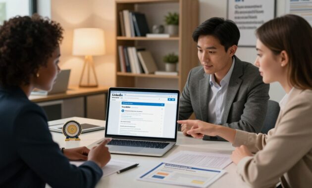 A professional workspace featuring a laptop displaying an open LinkedIn profile with highlighted sections for certifications. In the foreground, a diverse group of three individuals: a Black woman, an Asian man, and a Caucasian woman, all in business attire, actively collaborating, pointing at the laptop screen. In the middle, a modern office environment with soft, ambient lighting casting a warm glow. On the desk, various certification badges and documents related to impressive free courses, neatly organized. In the background, bookshelves filled with industry-related books, and a motivational poster subtly promoting professional development. The overall mood is inspiring and focused, emphasizing strategic career advancement through certifications.