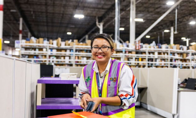 Amazon team members working in a fulfillment center