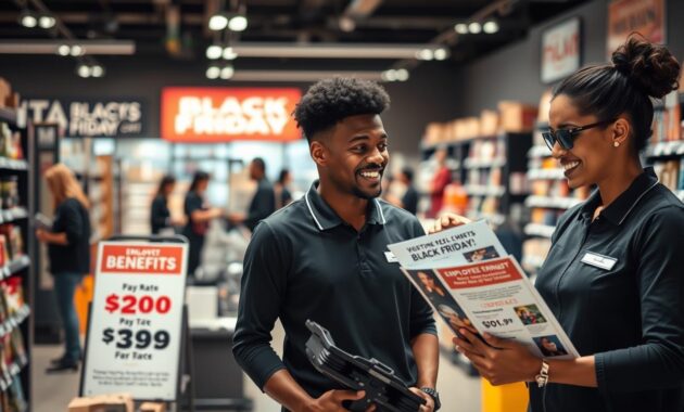 Seasonal retail employees preparing a store for Black Friday