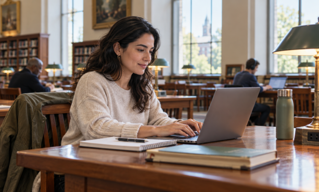 Best places to work remotely: What are the best places for a quiet work session? Library desk with laptop.