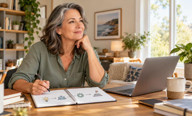 How to change careers at 50: a professional writes a step-by-step career transition plan at home.