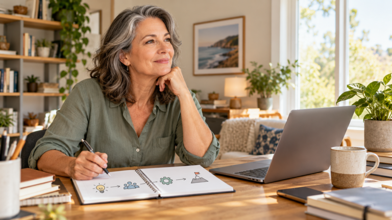 How to change careers at 50: a professional writes a step-by-step career transition plan at home.