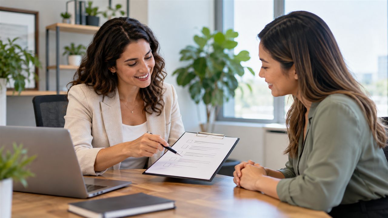 Questions to ask during an HR interview: “What are some appropriate questions to ask HR after being selected for an interview or written exam?” A candidate reviews onboarding steps with HR.