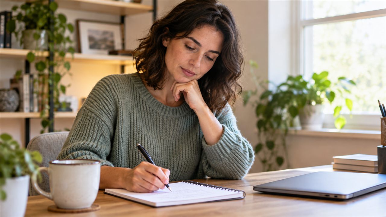 Questions to ask during an HR interview: “What questions should I ask an HR recruiter?” A candidate prepares notes.